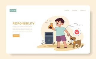 Responsibility web or landing. A boy demonstrates responsible pet care vector