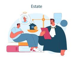 Estate. A man engages with a judge on estate matters, with an inheritance vector