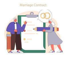 Marriage contract. Senior couple with oversized pen and clipboard, symbolic vector