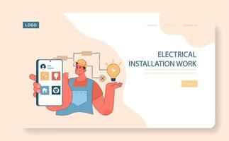 eléctrico instalación trabajo concepto. electricista con inteligente dispositivo exhibiendo vector