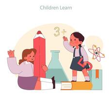 Children learn. Elementary school classes. Children engaging in multidisciplinary vector