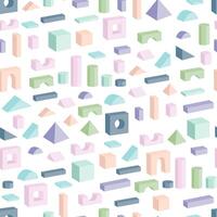 Pastel colored wooden isolated toy building blocks. Vector seamless isometric pattern