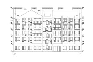 Multistory building section, detailed architectural technical drawing, vector blueprint