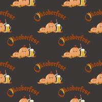 Vector dark seamless pattern of oktoberfest  lettering, pumpkins and beer mugs