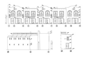 Multistory building facade, detailed architectural technical drawing, vector blueprint