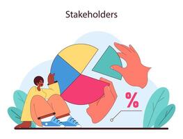 Stakeholders concept. A solitary figure contemplates a colorful pie chart vector