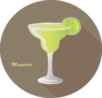Hand drawn vector of a Margarita alcohol tequila and triple sec cocktail with a citrus lime slice decoration with salt on the rim of margarita glass, in a brown circle with a shadow