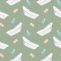 Seamless vector pattern of bath tubs, soap bubbles and sponges against olive tiled wall