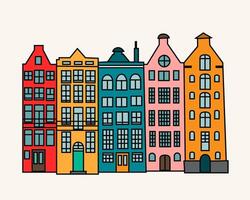 Set of colorful old hand drawn european multistory buildings. Amsterdam Netherlands vector