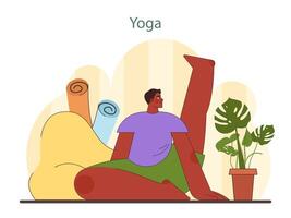 hogar yoga ilustración. un hombre practicas un yoga actitud en un pacífico hogar ajuste. vector