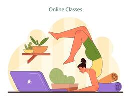 en línea hogar ejercicio. un enfocado mujer participa en un virtual yoga sesión, demostrando un saludable. vector