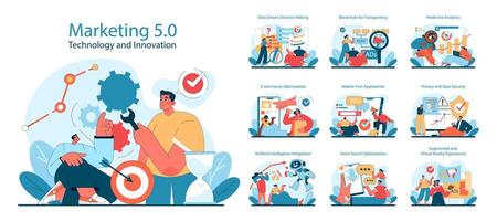 Marketing 5.0 set. Digital innovation and technology in advertising. vector