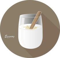 Hand drawn vector illustration of alcohol Eggnog or egg milk punch with a cinnamon stick. Dairy based beverage with brandy, rum or bourbon. In a brown circle with a shadow and text.