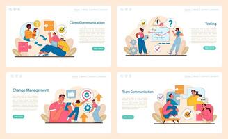 IT project management set. Showcases client engagement, rigorous testing, adaptive change, and team dialogue. vector