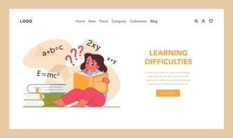 Learning difficulties web or landing. Puzzled student amidst vector