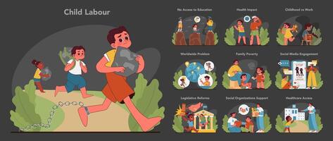 Child labor awareness set. Flat vector illustration