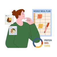 comida planificación. mujer contempla un equilibrado dieta con un semanal comida plan vector