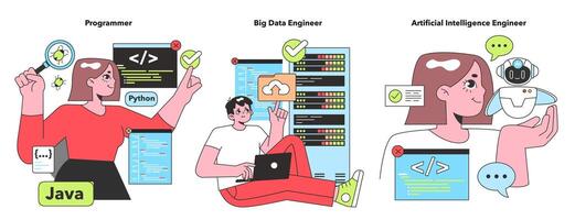 Bright and cheerful vector artwork showcasing IT experts a programmer, a big data engineer, and an AI engineer engaged in their high-tech tasks and innovations