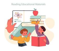 Children learn. Elementary school classes. Kids reading books, exploring vector