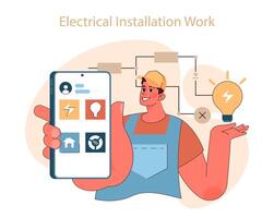 Electrical installation work concept. Electrician with smart device vector