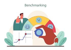 evaluación comparativa concepto. un experto optimiza actuación métrica utilizando cliente satisfacción vector