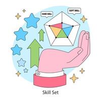 Skill set. A professional juggles multiple soft and hard skills for career vector