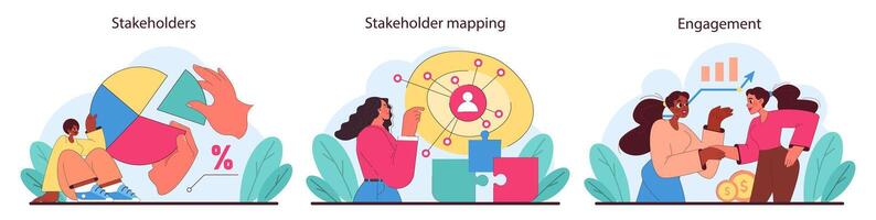 Stakeholder engagement set. Illustrating dynamic interactions, strategic mapping vector