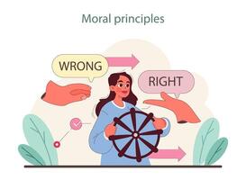 moral principios concepto. un personaje navega Derecha y incorrecto con un moral Brújula. vector