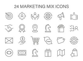 Marketing Mix icon set. Symbols represent strategic components like targeting, global reach, and customer service. vector