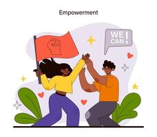 Empowerment concept. Individuals unite in a high-five, beneath symbols of strength and capability. vector