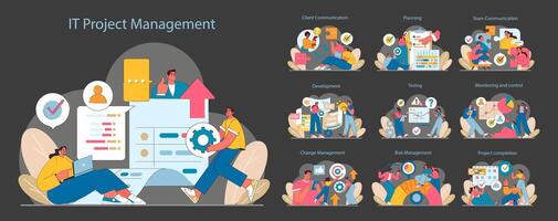 IT project management set. Stages from planning to execution displayed in sequential illustrations. vector