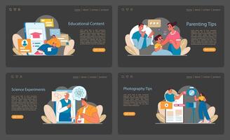 Web Content Creation set. Showcasing educational materials, parenting guides, science, and photography. vector