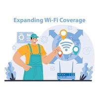 Wi-Fi network. Specialist setting up, developing and maintaining wireless vector