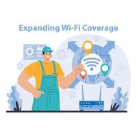 Wi-Fi network. Specialist setting up, developing and maintaining wireless vector