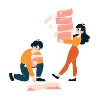 Two professionals balancing a precarious pile of paperwork, depicting the daily challenge of office tasks vector