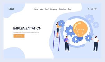 Implementation phase illustration. A team in action, integrating solutions into a working model vector