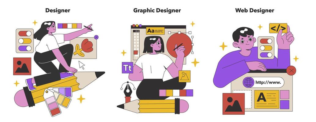 Creative Designers at Work set. Flat vector illustration.