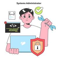 A Systems Administrator expertly manages and troubleshoots network systems, ensuring secure and efficient IT operations with a trusty wrench in hand. vector