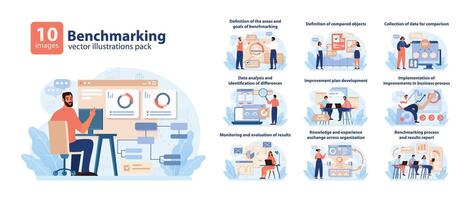 Benchmarking Concept. Comprehensive stages of benchmarking depicted in vibrant vector illustrations.