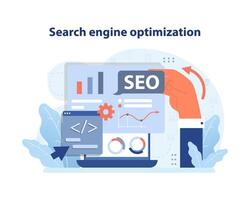 seo estrategia visualización. un mano afina seo elementos en un pantalla. vector