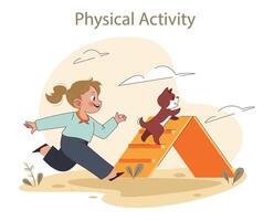 Physical Activity concept. Joyful child and dog engage in playful exercise vector