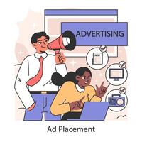 Ad placement. Marketers strategizing and executing advertising. Symbolizes vector