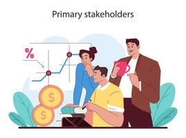 Primary stakeholders concept. Team evaluates financial growth through data analysis. vector