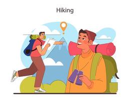 Hiking concept. Enthusiastic friends on a nature trail, one navigating with a map. vector