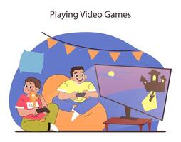 jugando vídeo juegos concepto. amigos inmerso en un animado juego de azar sesión a hogar. vector