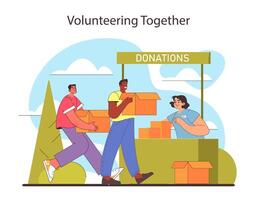 Volunteering Together concept. Companions contributing to the community by donating goods. vector