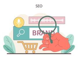 seo concepto. un creativo monitor de seo practicas con un atención en creciente marca visibilidad. vector