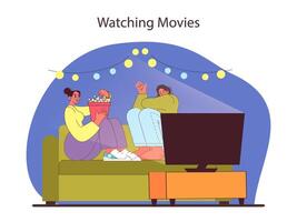 Watching Movies concept. Friends sharing a cozy movie night at home with popcorn. vector