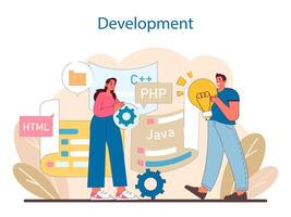 Development stage in IT project management. A dynamic representation of coding and programming. vector