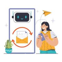 Digital Automation concept. A cheerful woman interacts with her mobile, vector